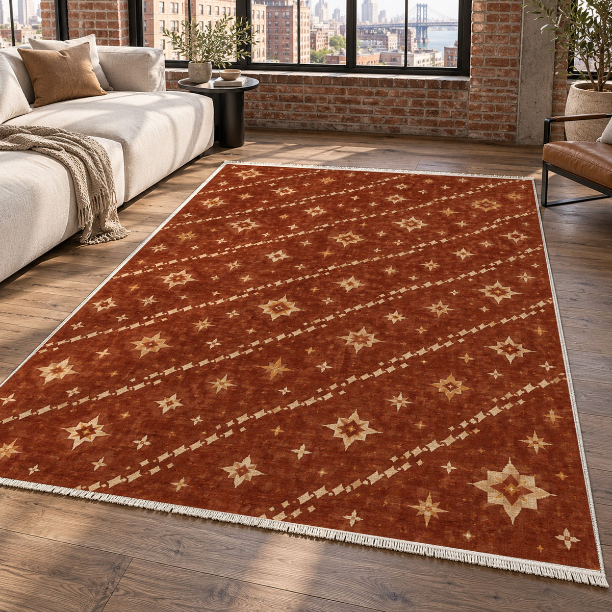 Caravan Stars Terracotta Ethnic Washable Rug — new york living