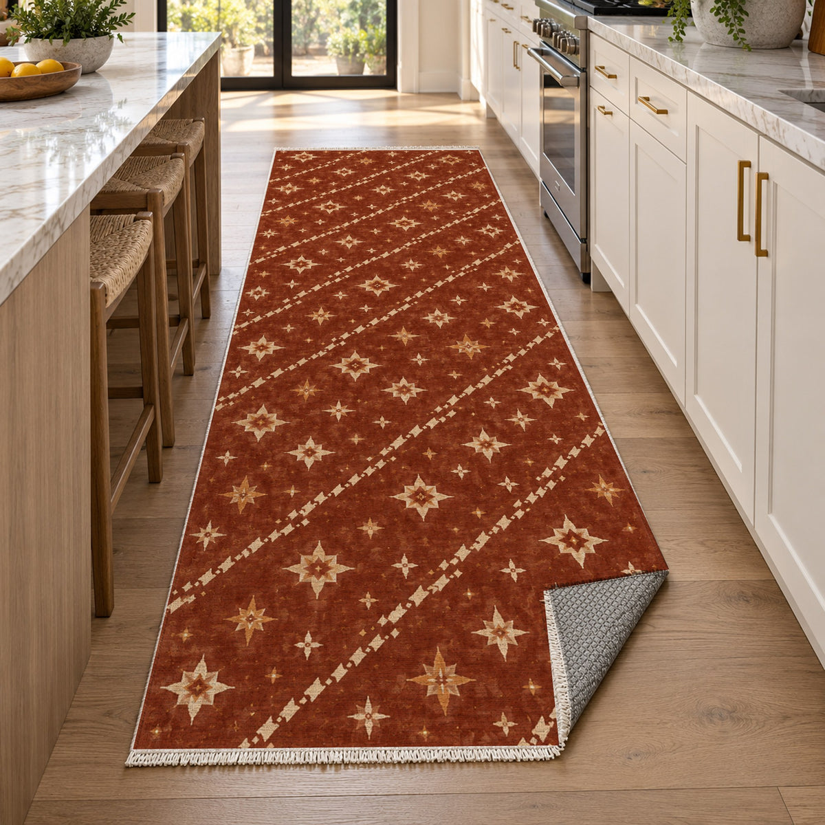 Caravan Stars Terracotta Ethnic Washable Rug — new york kitchen runner
