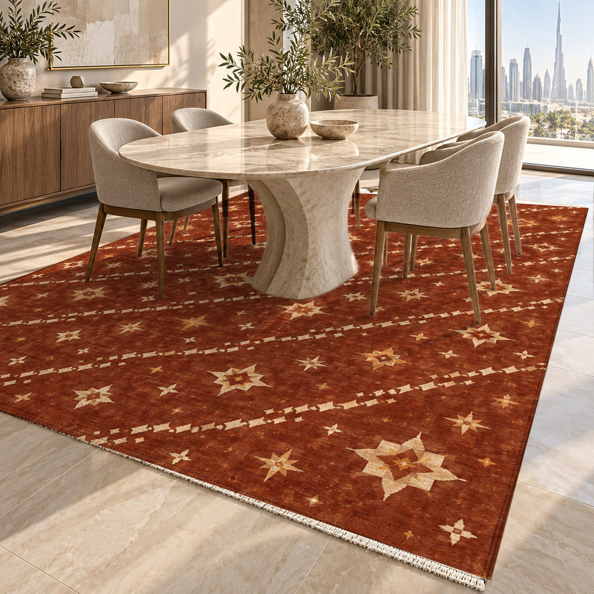 Caravan Stars Terracotta Ethnic Washable Rug — dubai dining