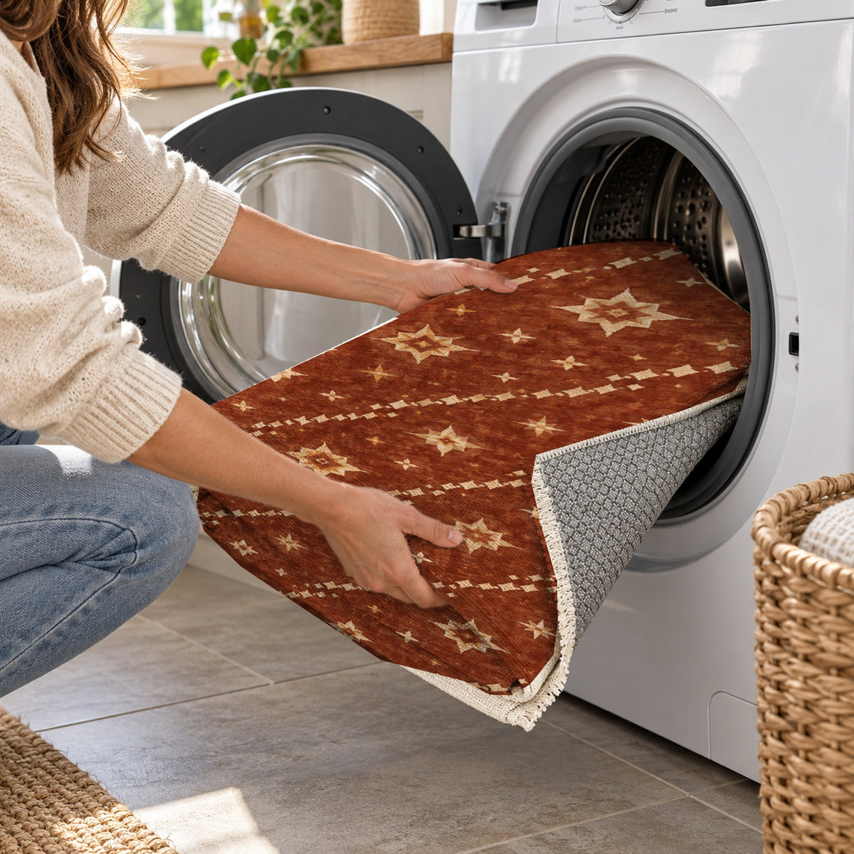 Caravan Stars Terracotta Ethnic Washable Rug — washing machine