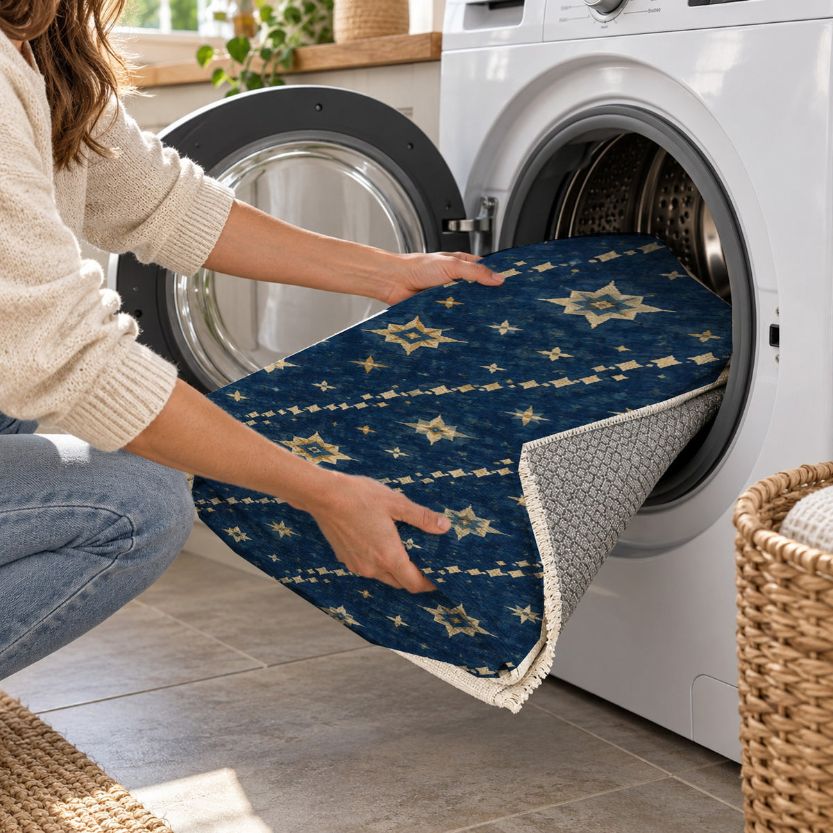 Caravan Stars Ethnic Washable Rug — washing machine