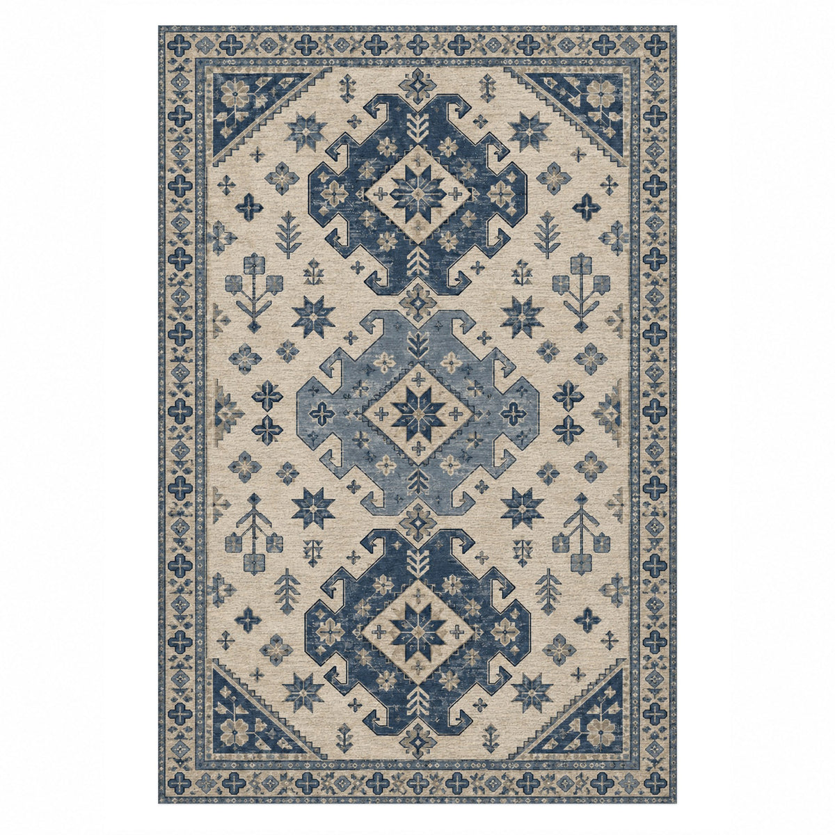 Caucasian Diamonds Blue Ivory Classic Washable Rug — top view