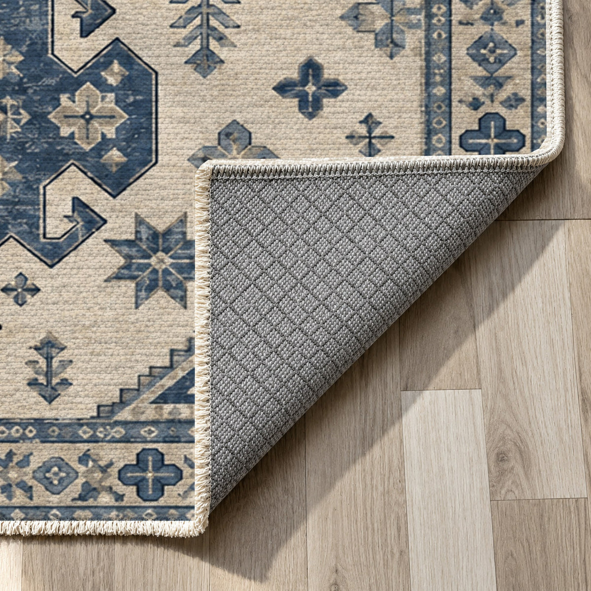 Caucasian Diamonds Blue Ivory Classic Washable Rug — backing close up
