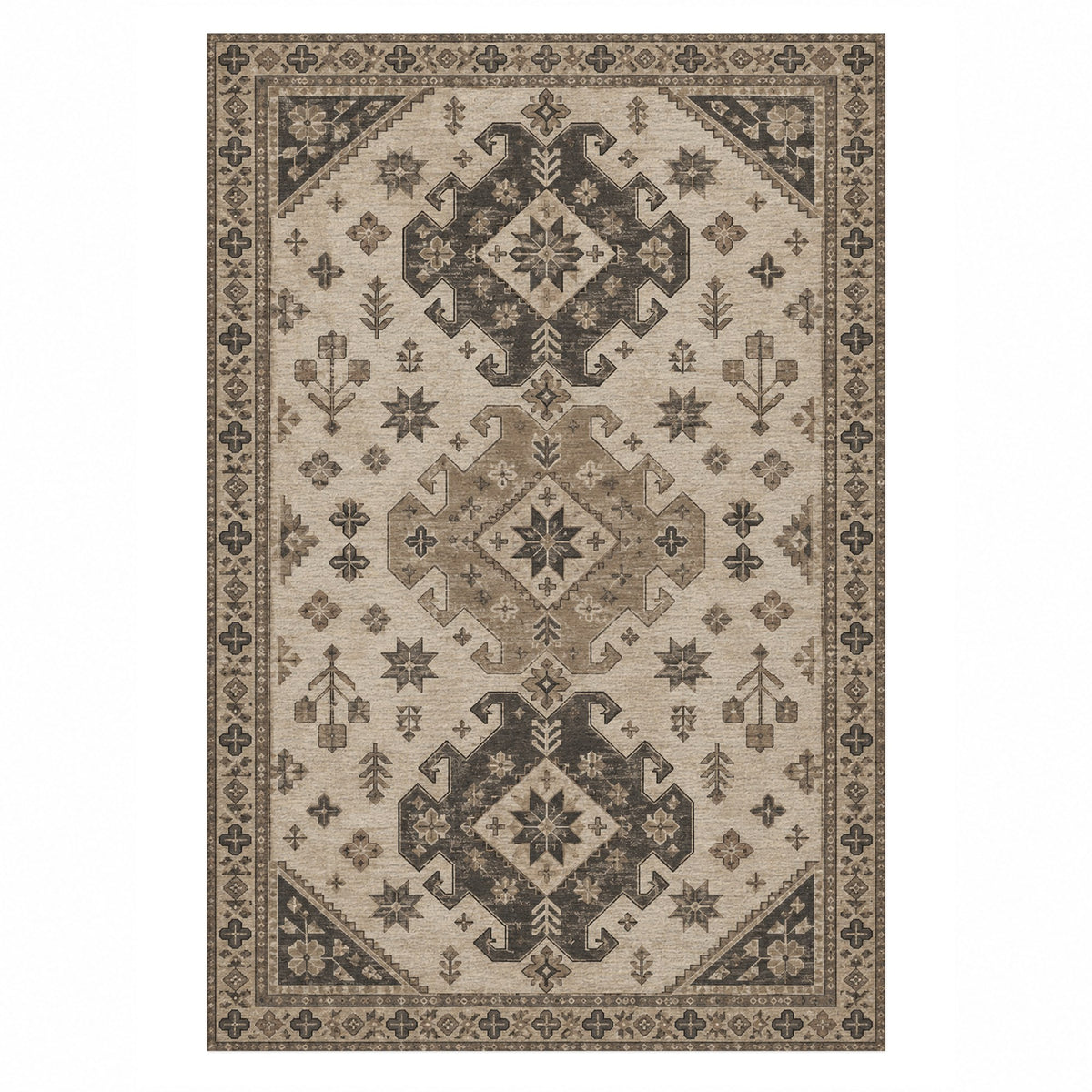 Caucasian Diamonds Ivory Taupe Classic Washable Rug — top view