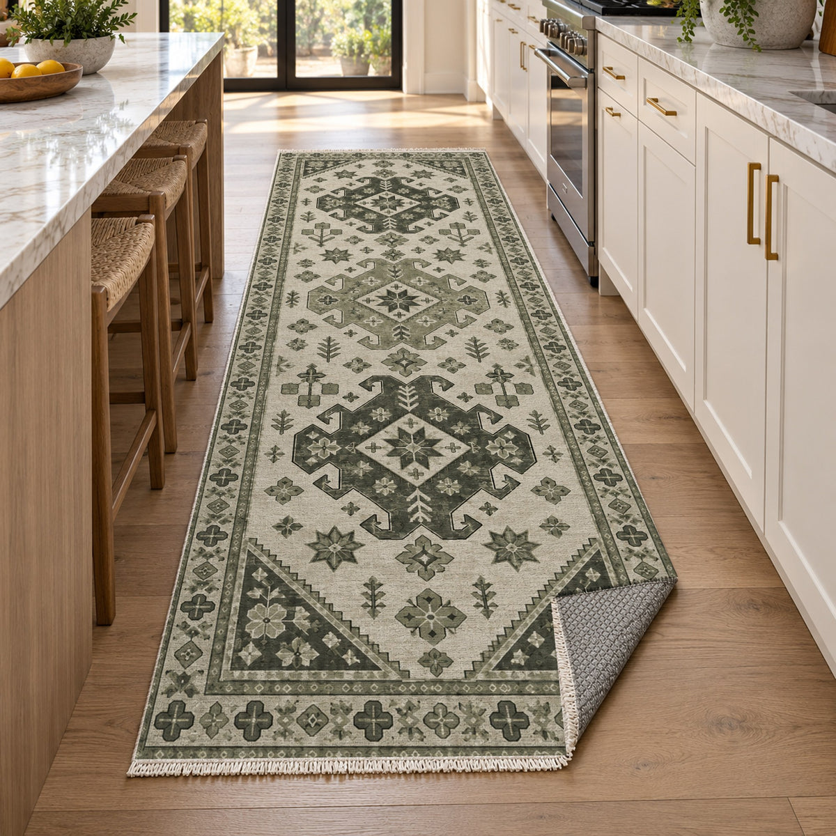 Caucasian Diamonds Sage Stone Classic Washable Rug — new york kitchen runner