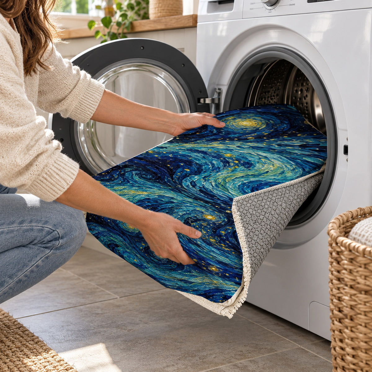Celestial Currents Abstract Washable Rug — washing machine