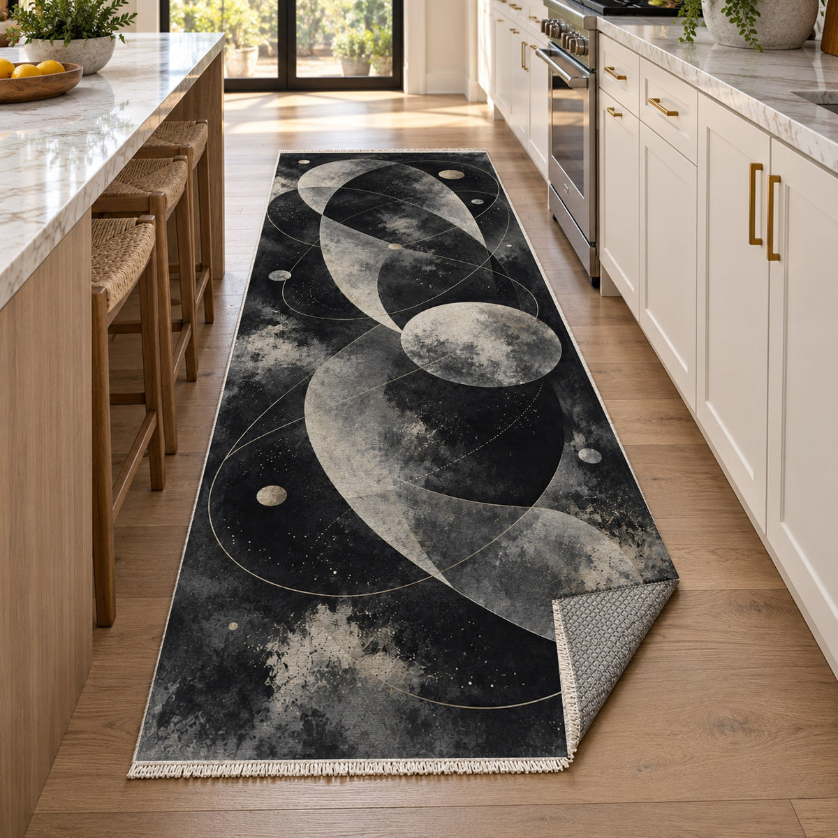 Celestial Orbits Charcoal Abstract Washable Rug — new york kitchen runner