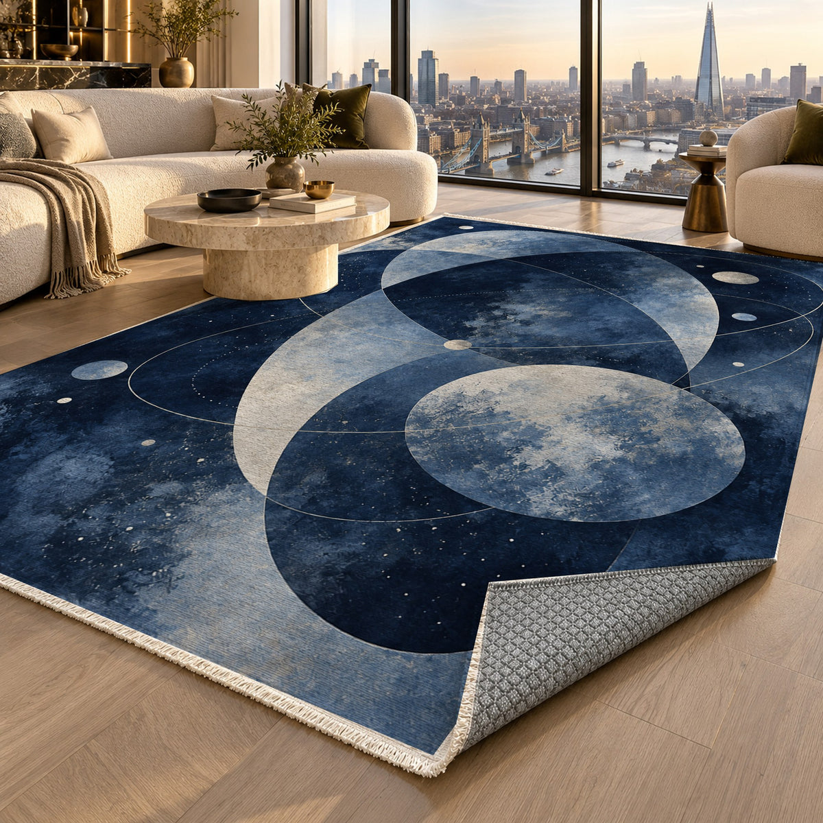 Celestial Orbits Indigo Abstract Washable Rug — london luxury living