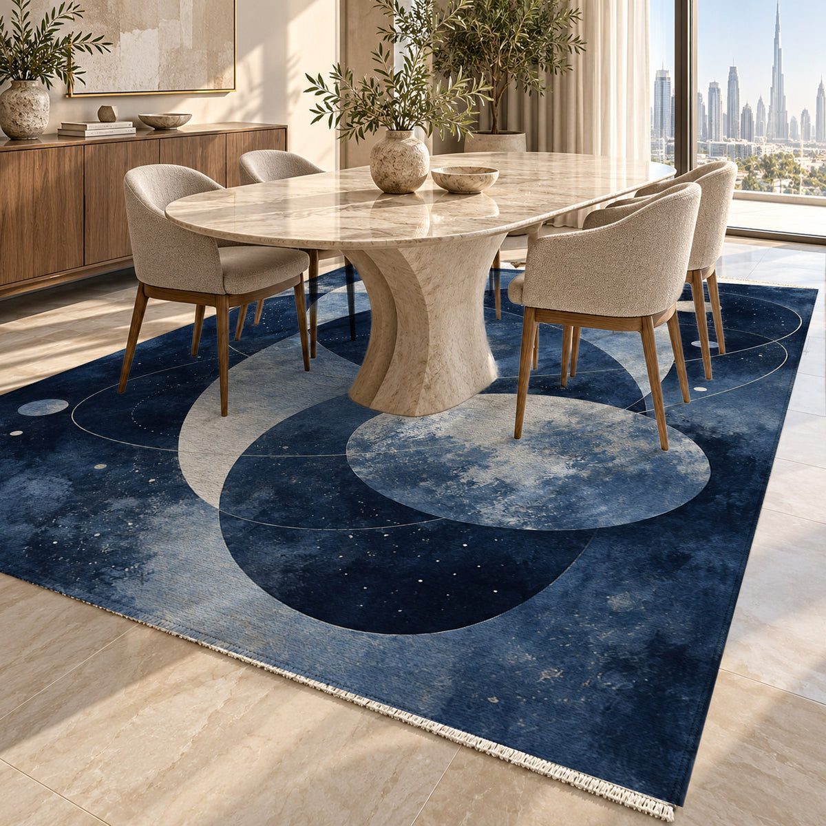 Celestial Orbits Indigo Abstract Washable Rug — dubai dining