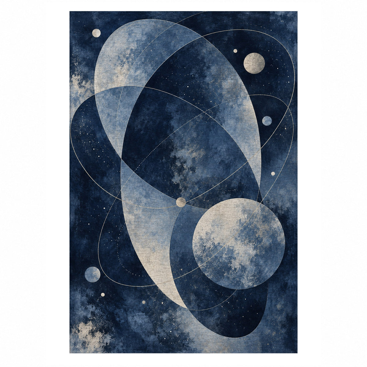 Celestial Orbits Indigo Abstract Washable Rug — top view