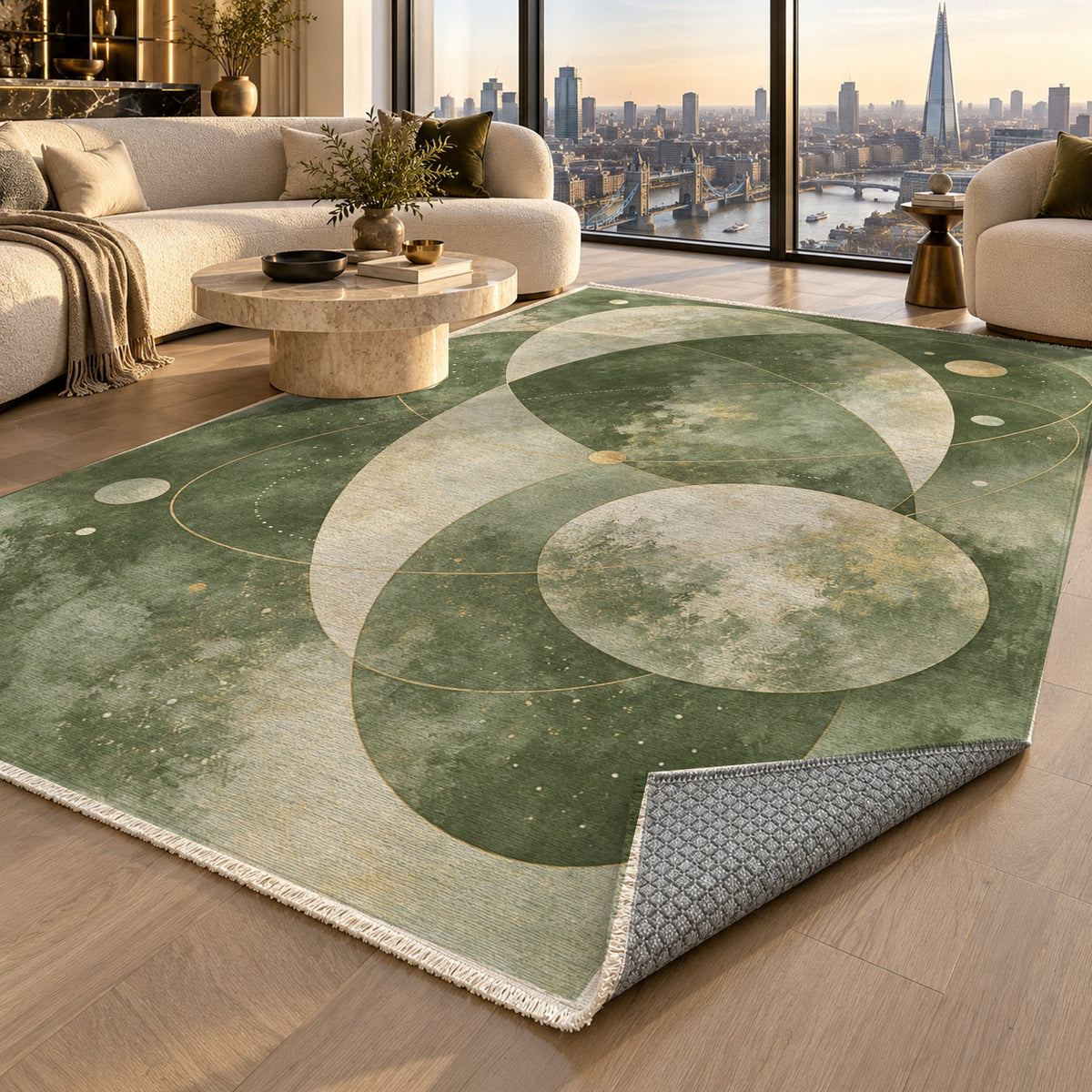 Celestial Orbits Sage Abstract Washable Rug — london luxury living