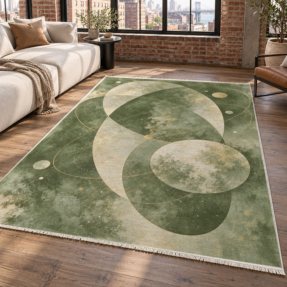 Celestial Orbits Sage Abstract Washable Rug — new york living