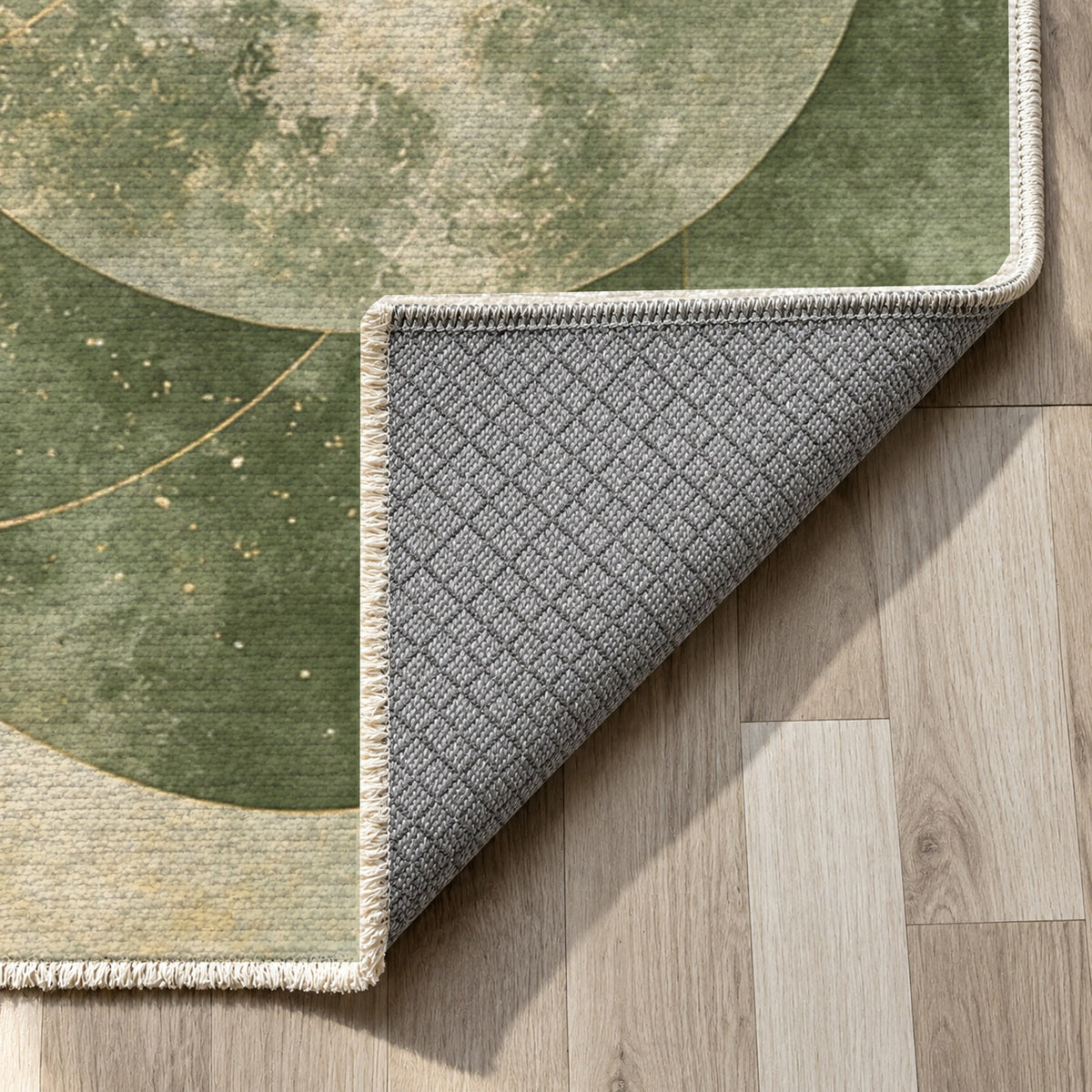 Celestial Orbits Sage Abstract Washable Rug — backing close up