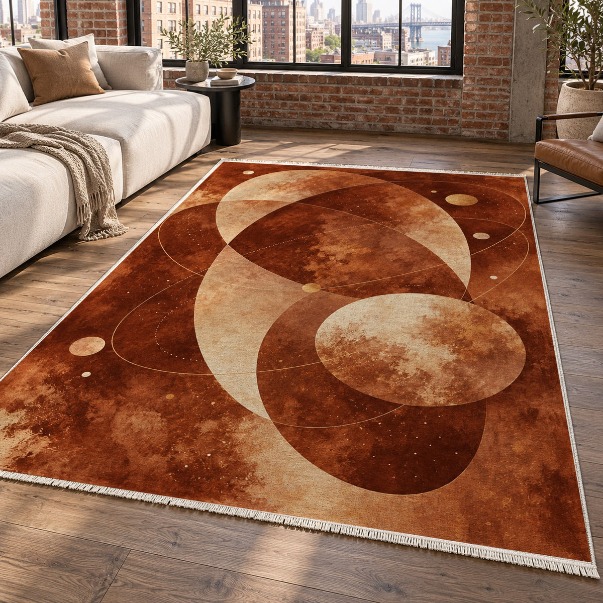 Celestial Orbits Terracotta Abstract Washable Rug — new york living