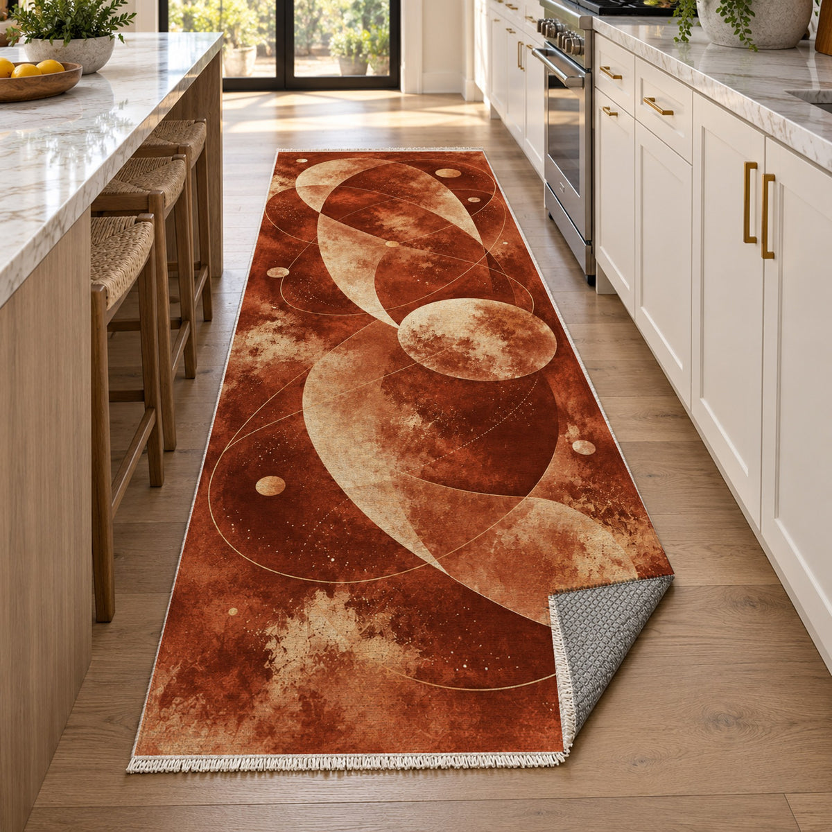 Celestial Orbits Terracotta Abstract Washable Rug — new york kitchen runner