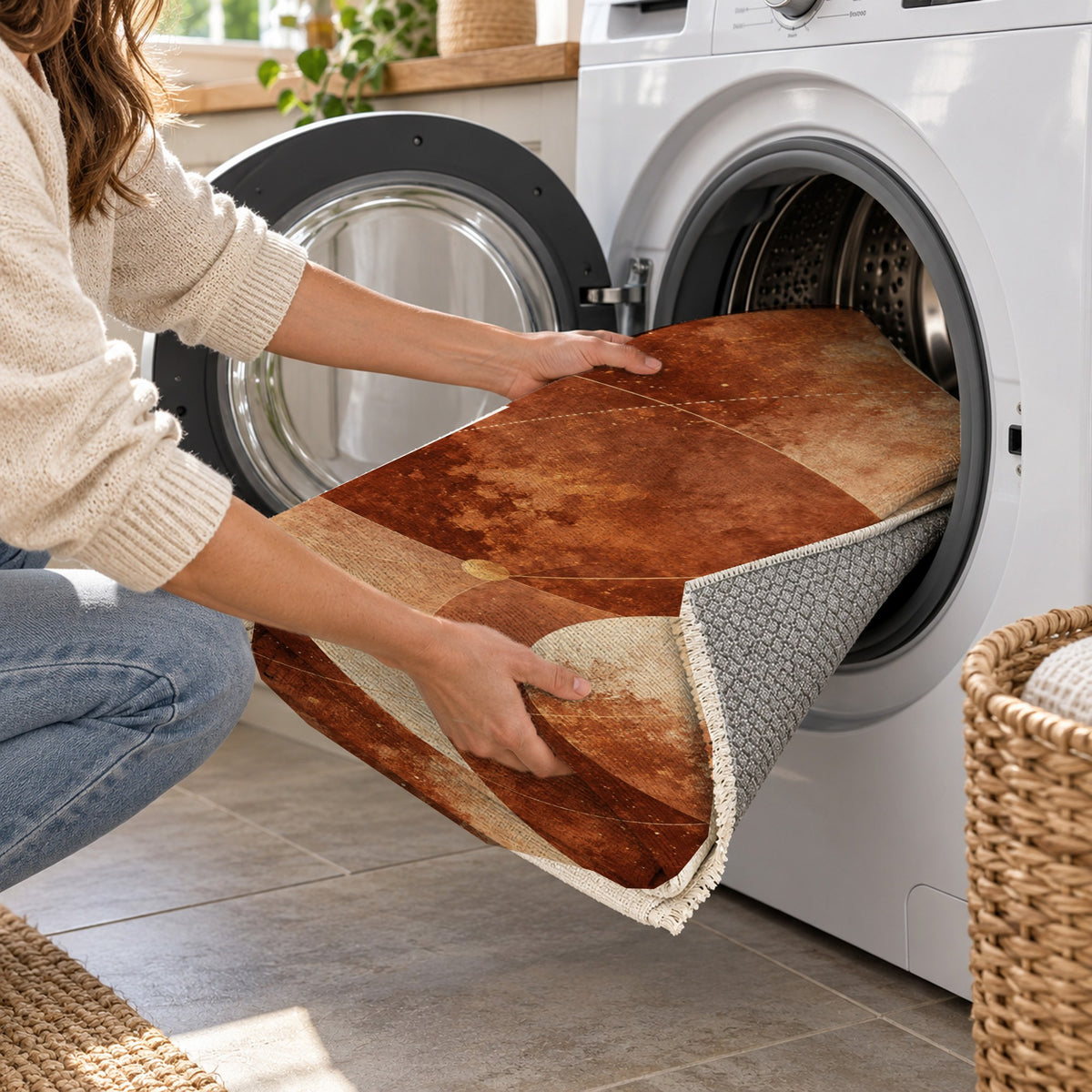 Celestial Orbits Terracotta Abstract Washable Rug — washing machine