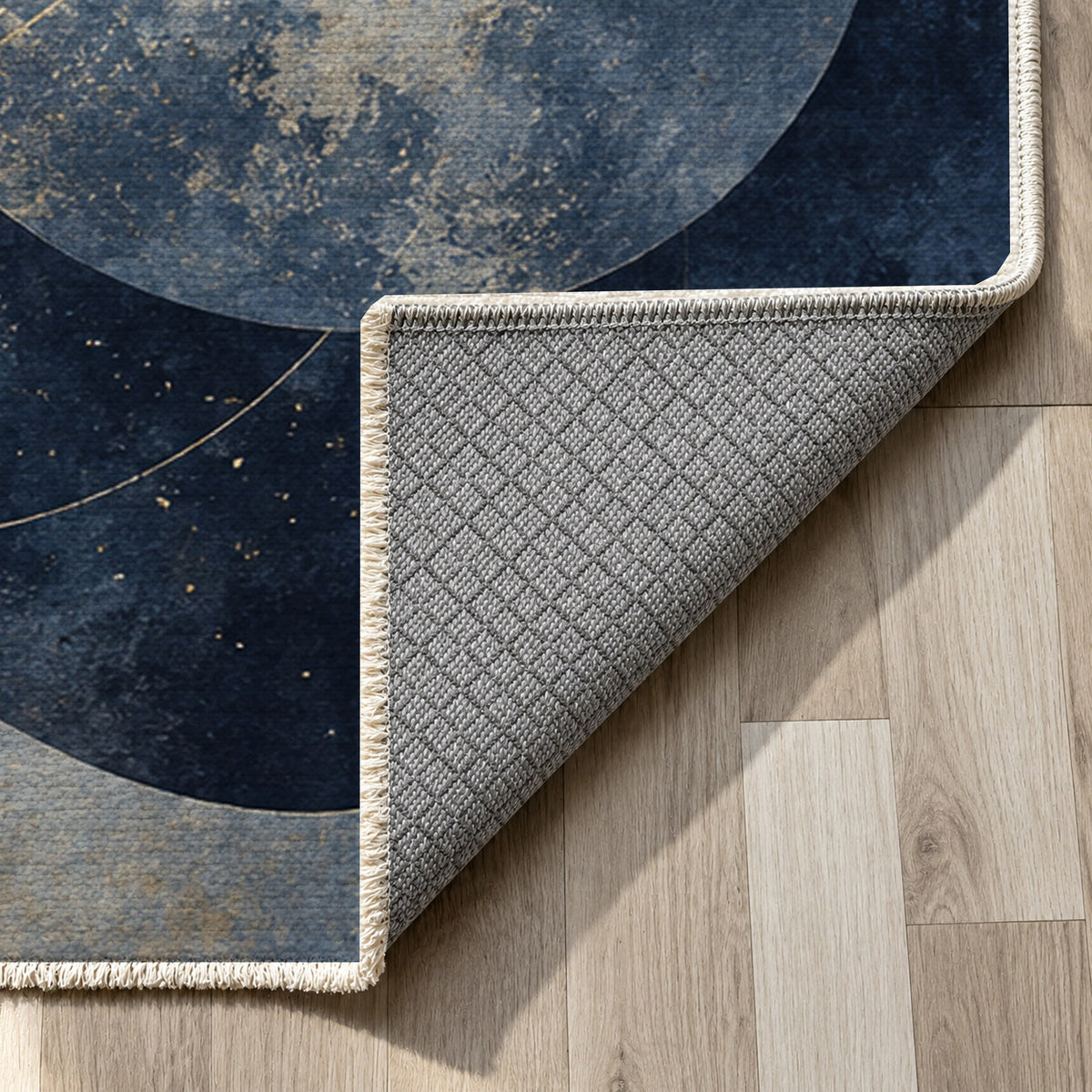 Celestial Orbits Abstract Washable Rug — backing close up
