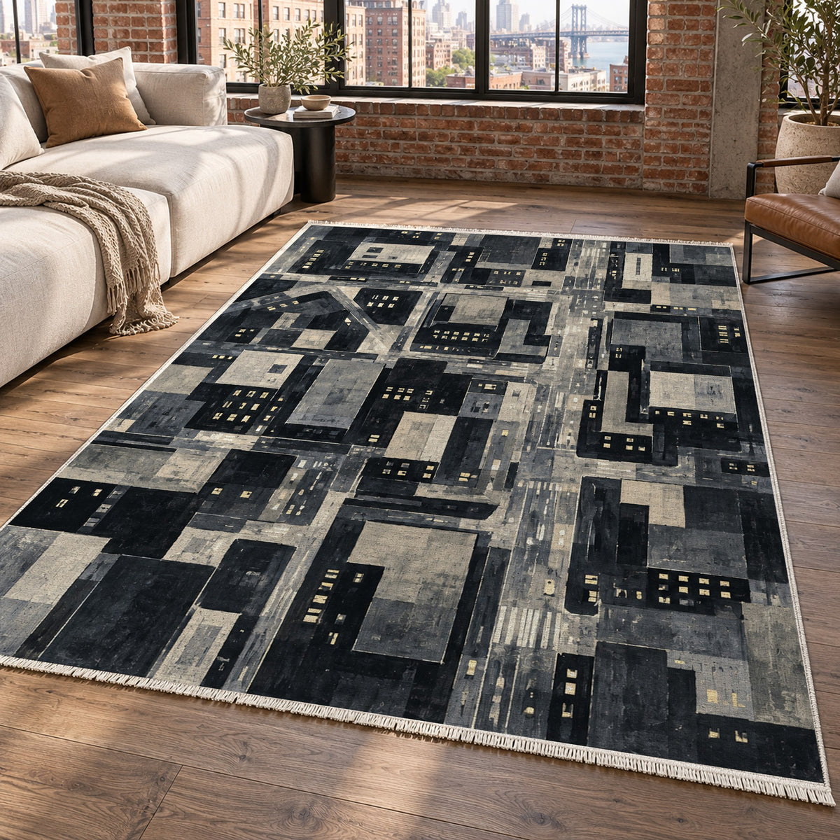 City At Dusk Charcoal Modern Washable Rug — new york living