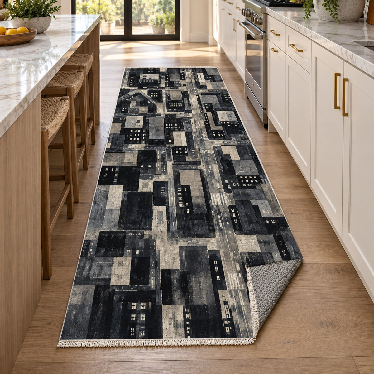 City At Dusk Charcoal Modern Washable Rug — new york kitchen runner