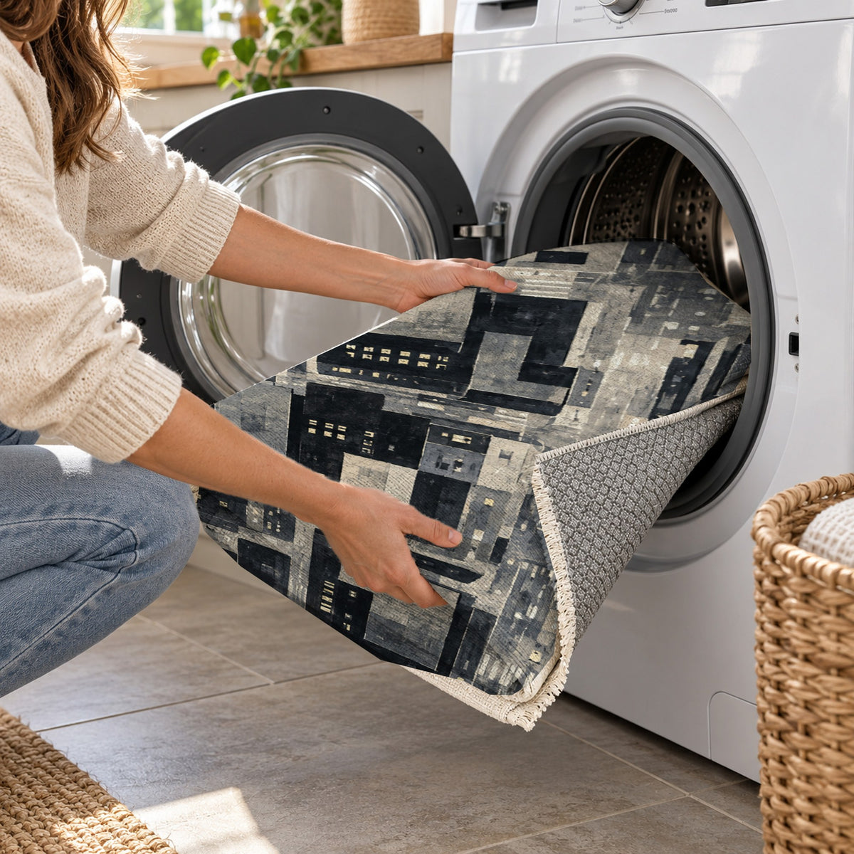 City At Dusk Charcoal Modern Washable Rug — washing machine