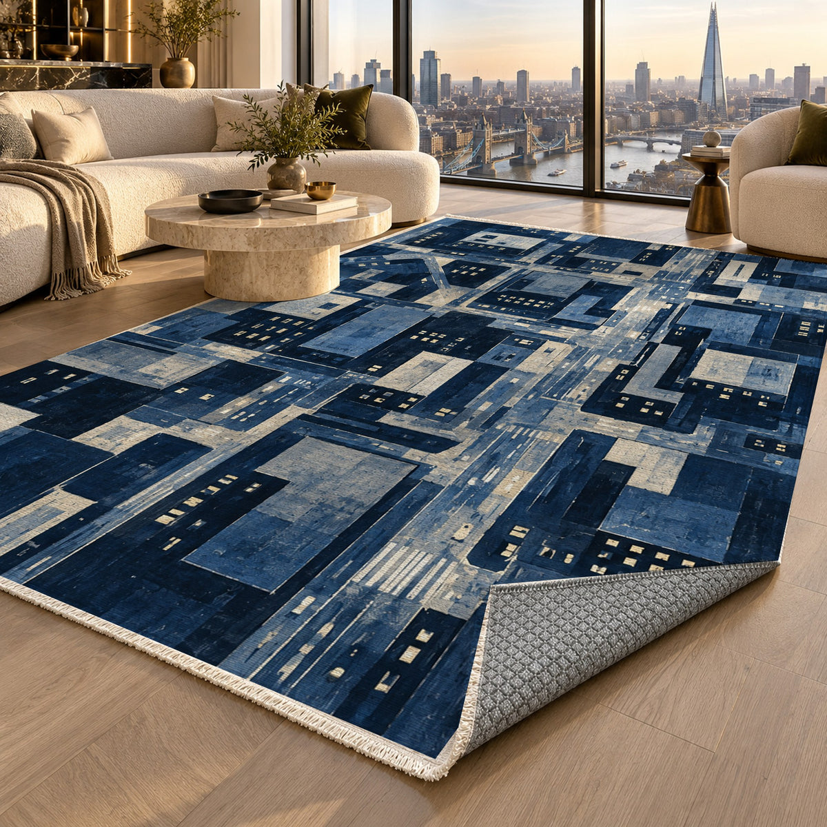 City At Dusk Indigo Modern Washable Rug — london luxury living