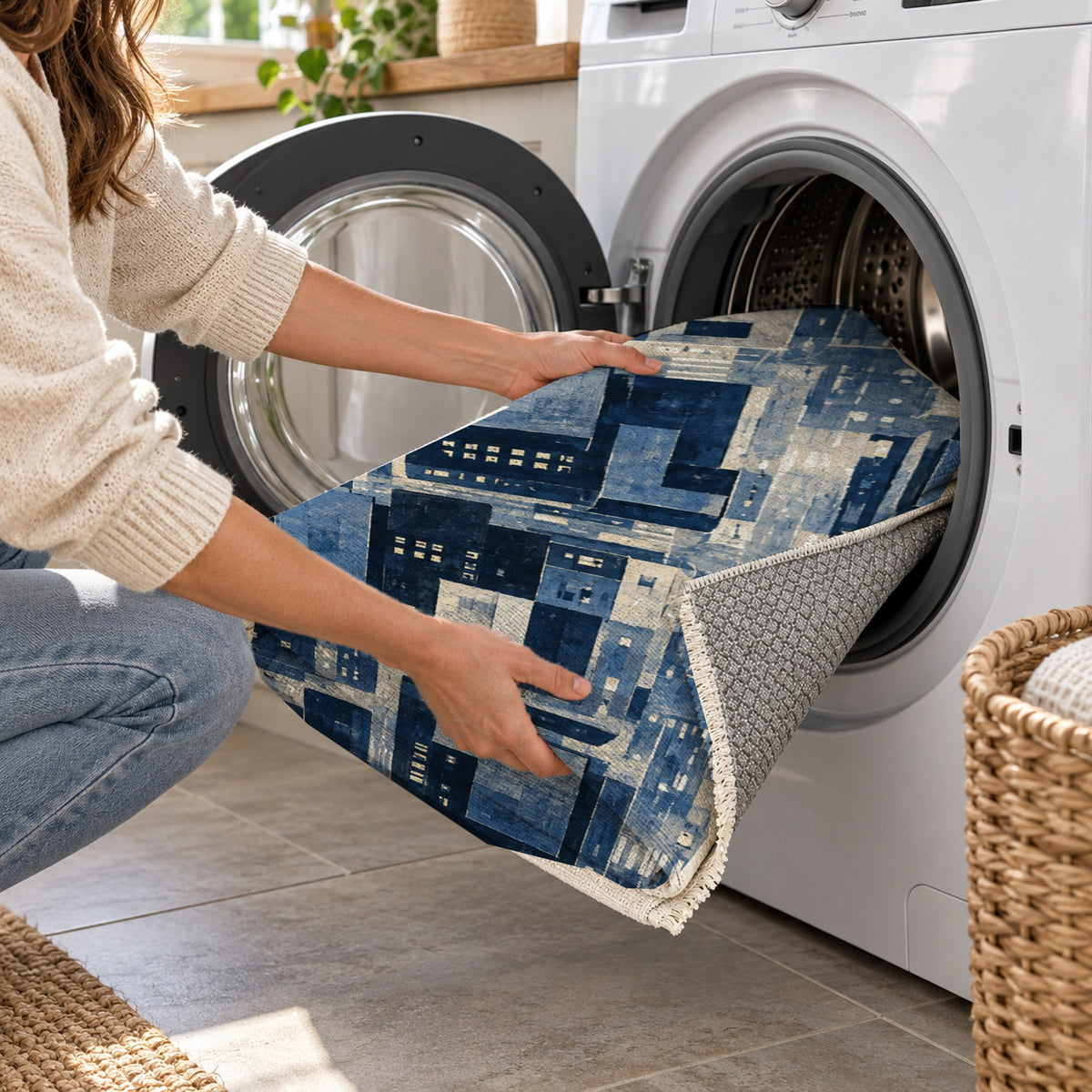 City At Dusk Indigo Modern Washable Rug — washing machine