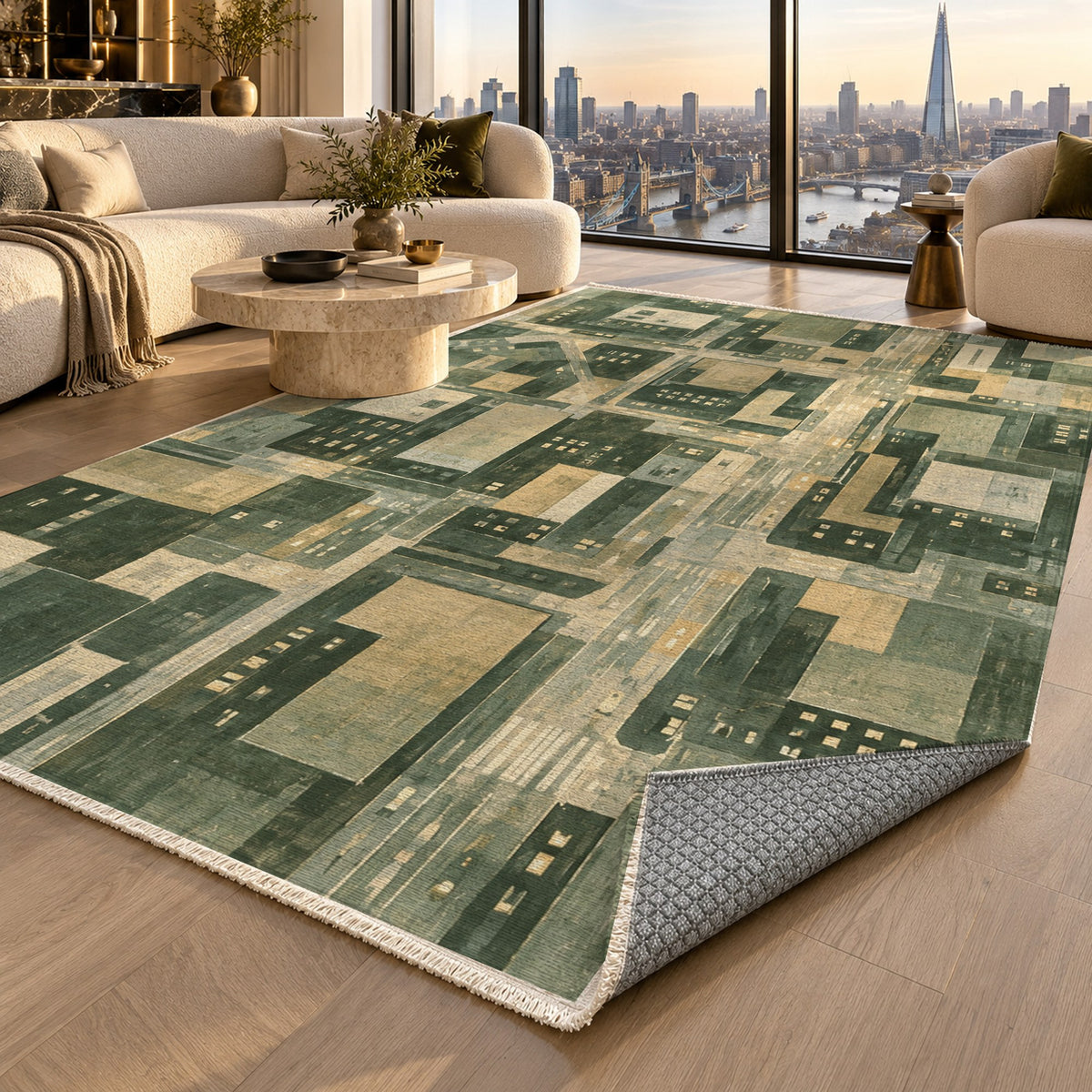 City At Dusk Sage Modern Washable Rug — london luxury living