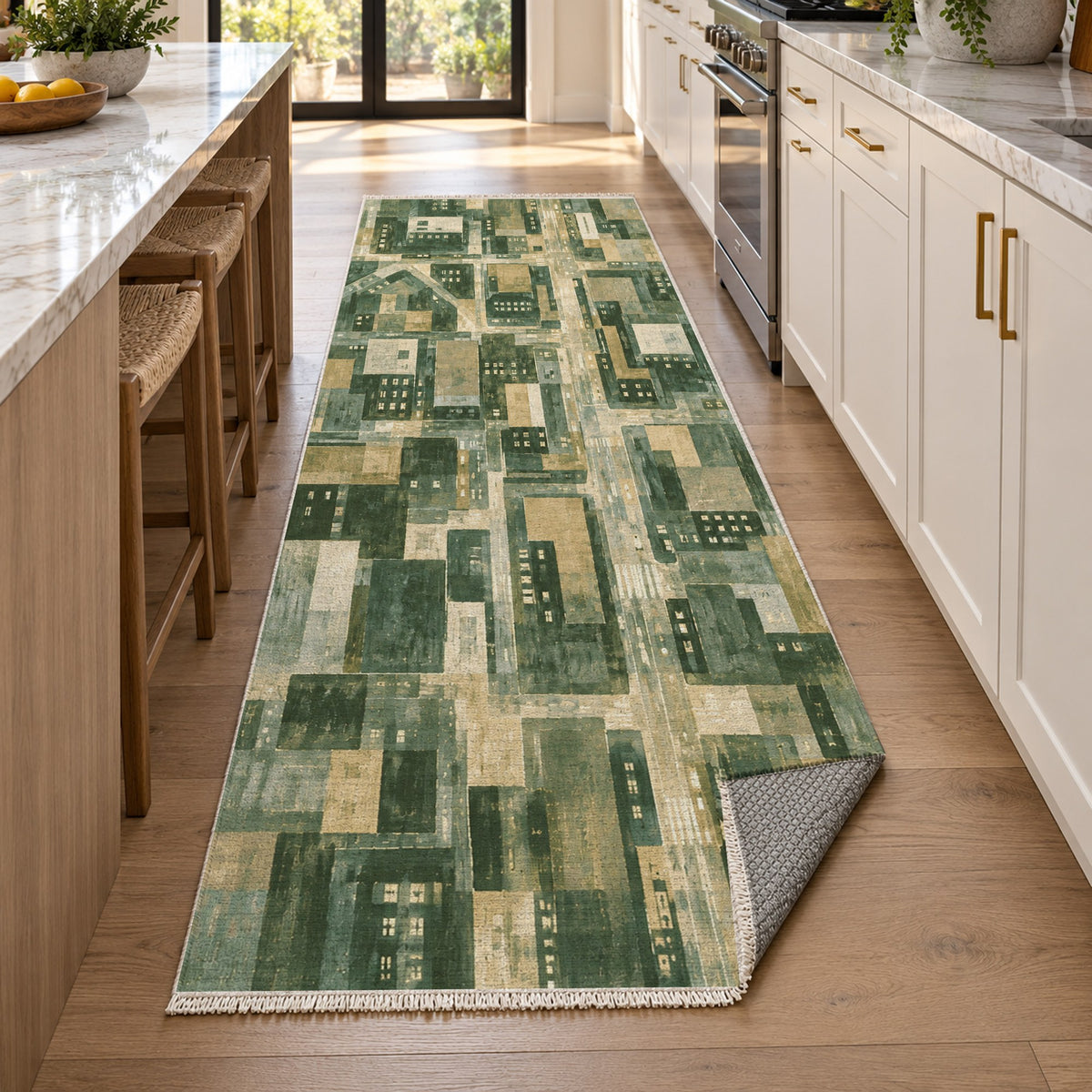 City At Dusk Sage Modern Washable Rug — new york kitchen runner