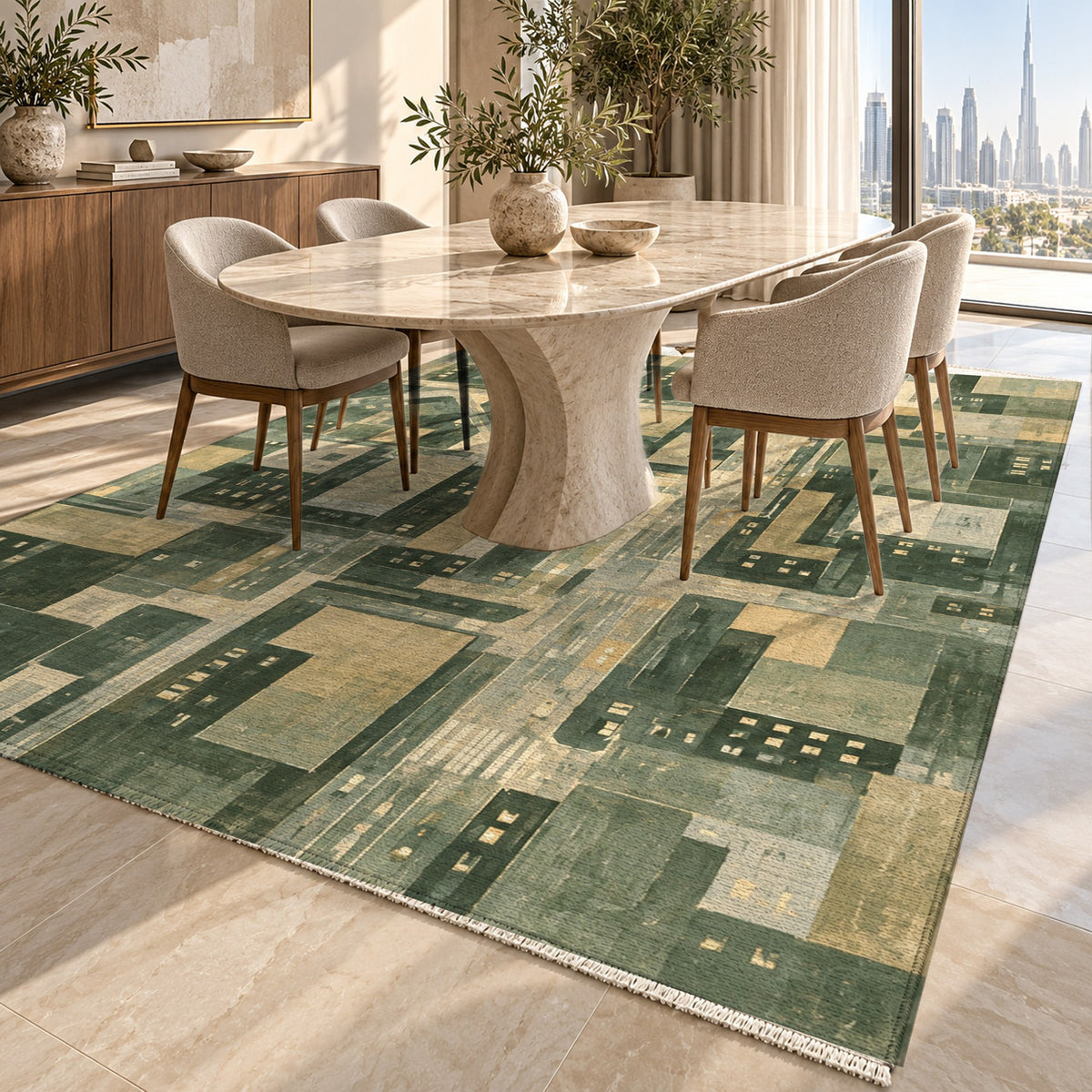 City At Dusk Sage Modern Washable Rug — dubai dining