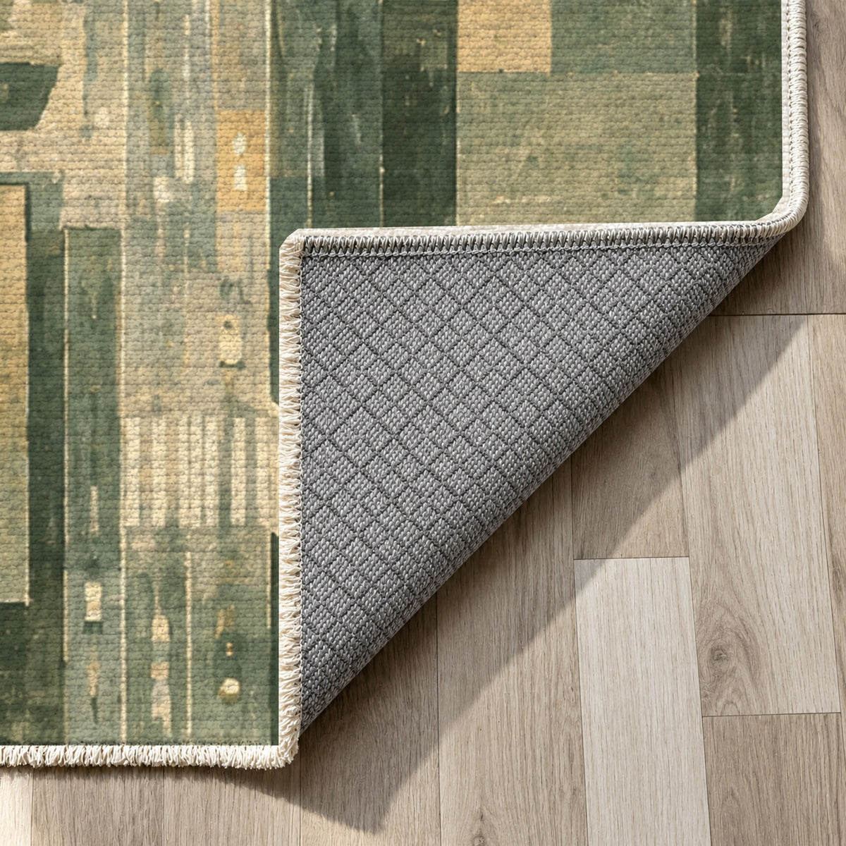 City At Dusk Sage Modern Washable Rug — backing close up