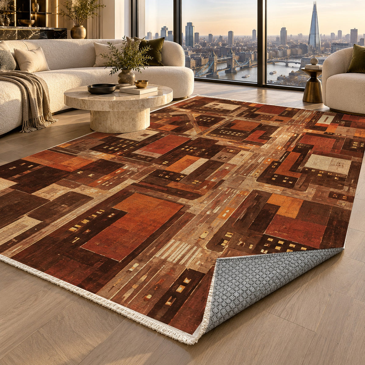 City At Dusk Terracotta Modern Washable Rug — london luxury living