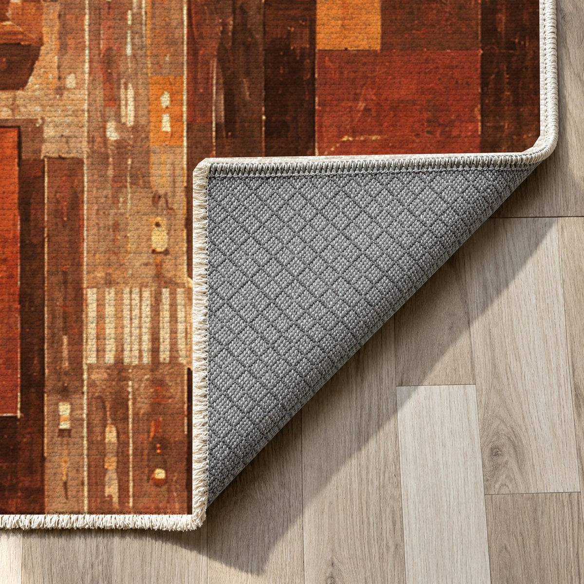 City At Dusk Terracotta Modern Washable Rug — backing close up