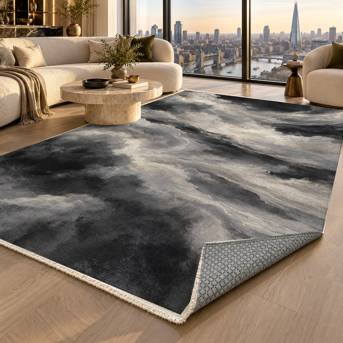 Cloud Atlas Charcoal Abstract Washable Rug — london luxury living