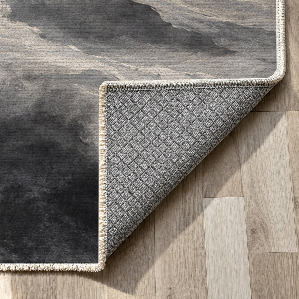 Cloud Atlas Charcoal Abstract Washable Rug — backing close up