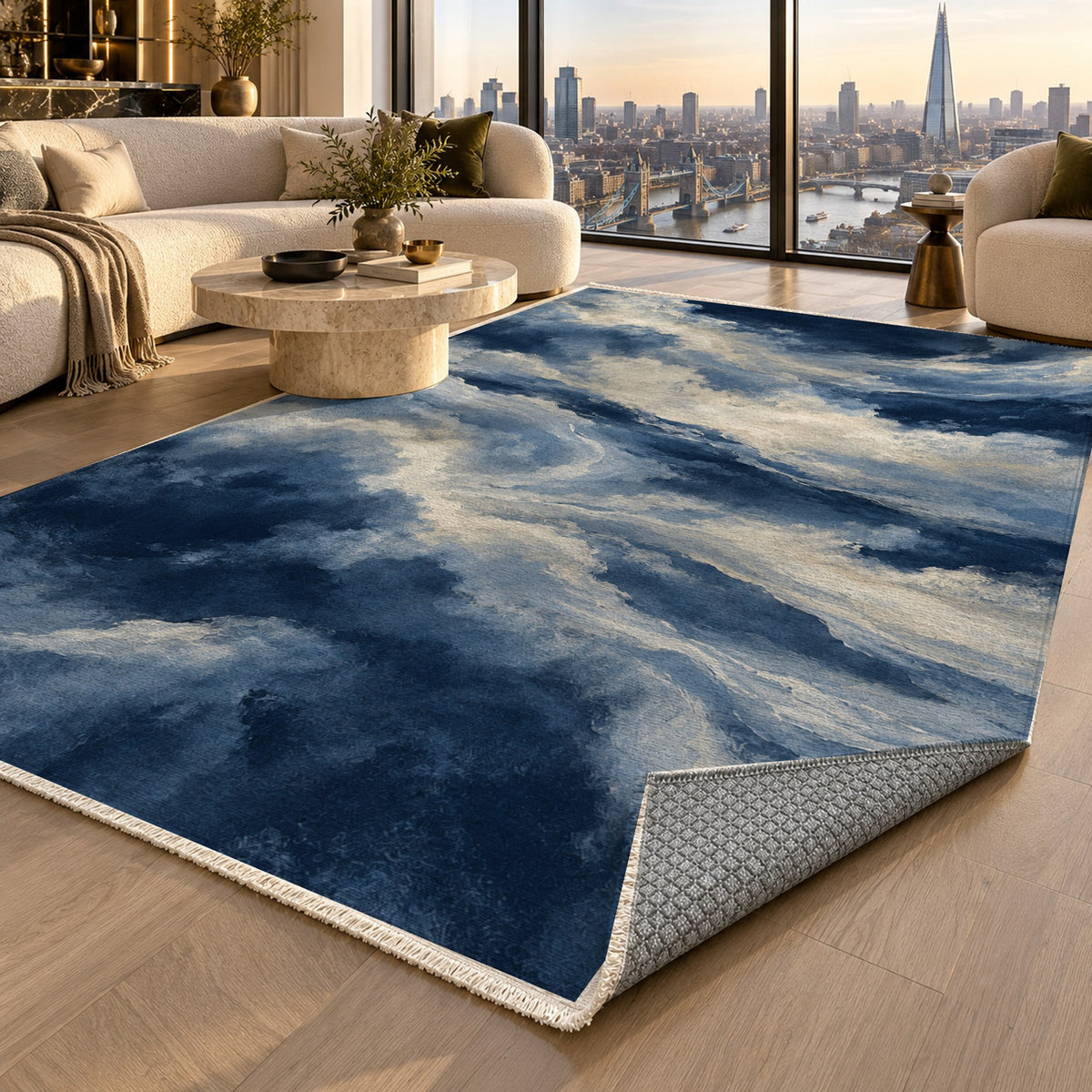 Cloud Atlas Indigo Abstract Washable Rug — london luxury living