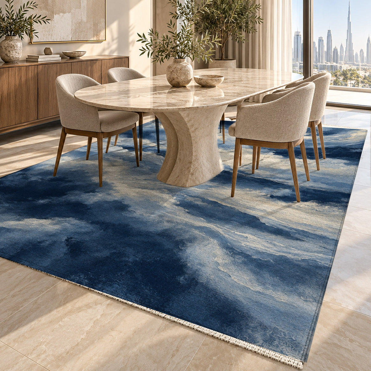 Cloud Atlas Indigo Abstract Washable Rug — dubai dining