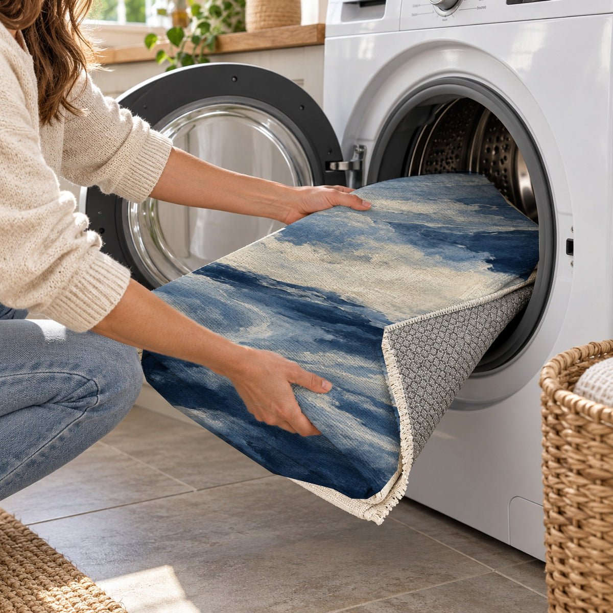 Cloud Atlas Indigo Abstract Washable Rug — washing machine