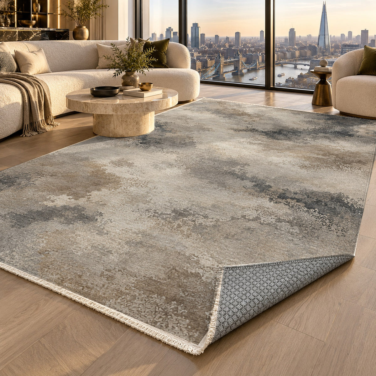 Cloud Atlas Ivory Taupe Abstract Washable Rug — london luxury living