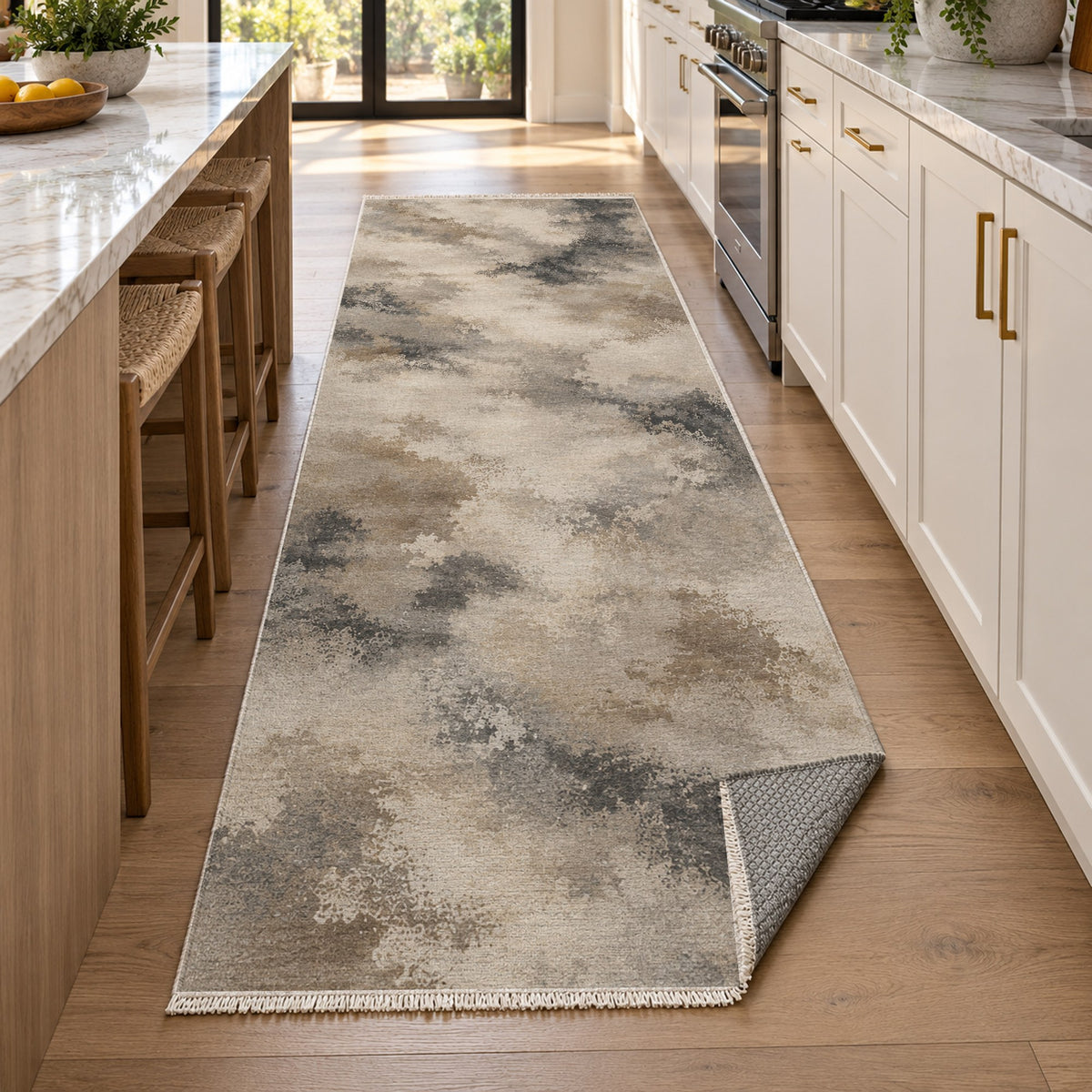 Cloud Atlas Ivory Taupe Abstract Washable Rug — new york kitchen runner