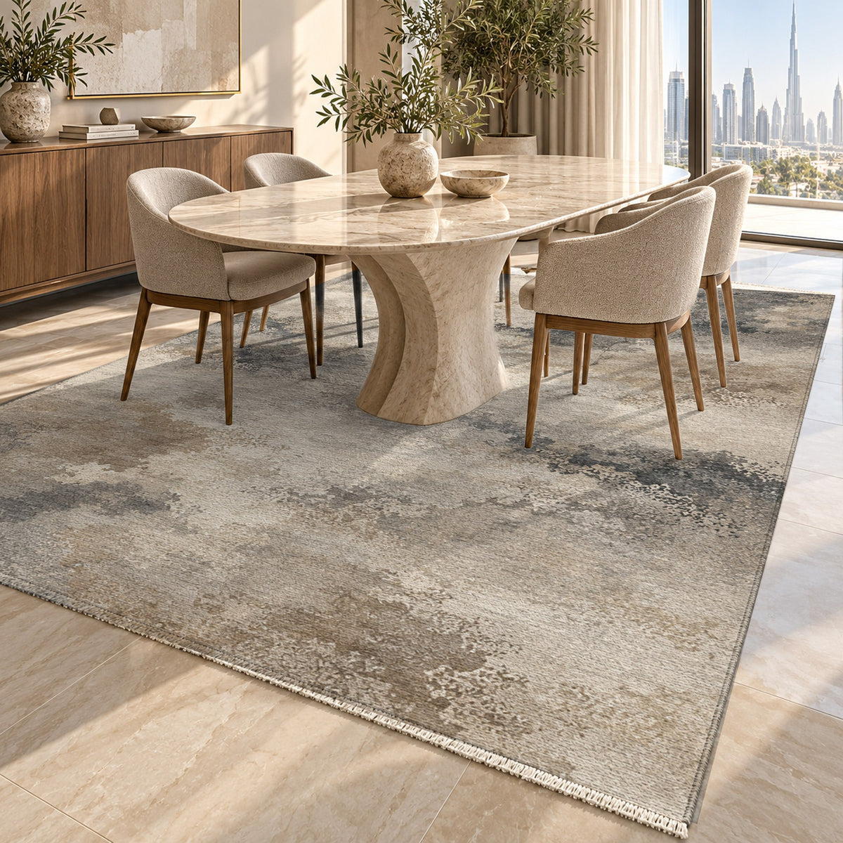 Cloud Atlas Ivory Taupe Abstract Washable Rug — dubai dining