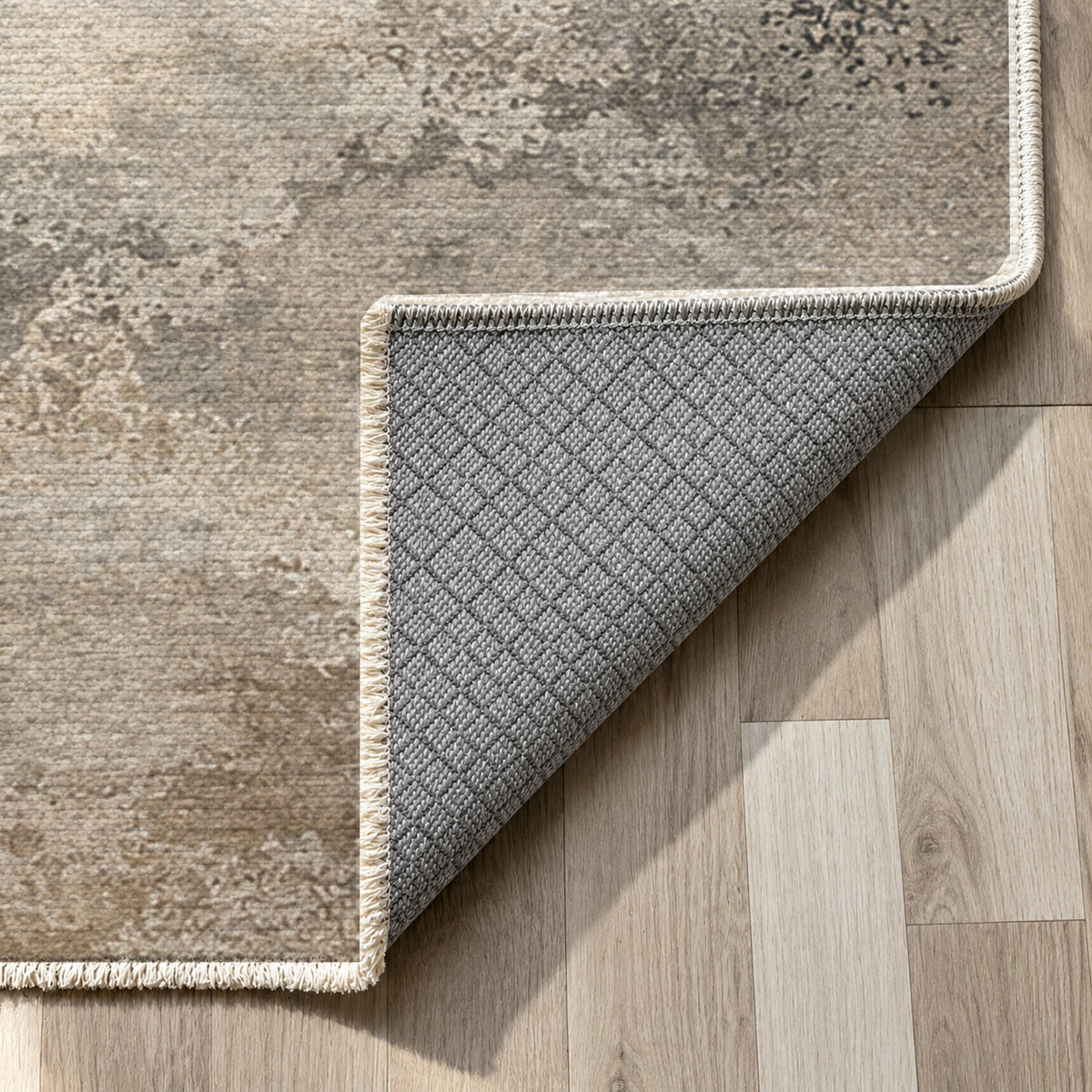 Cloud Atlas Ivory Taupe Abstract Washable Rug — backing close up