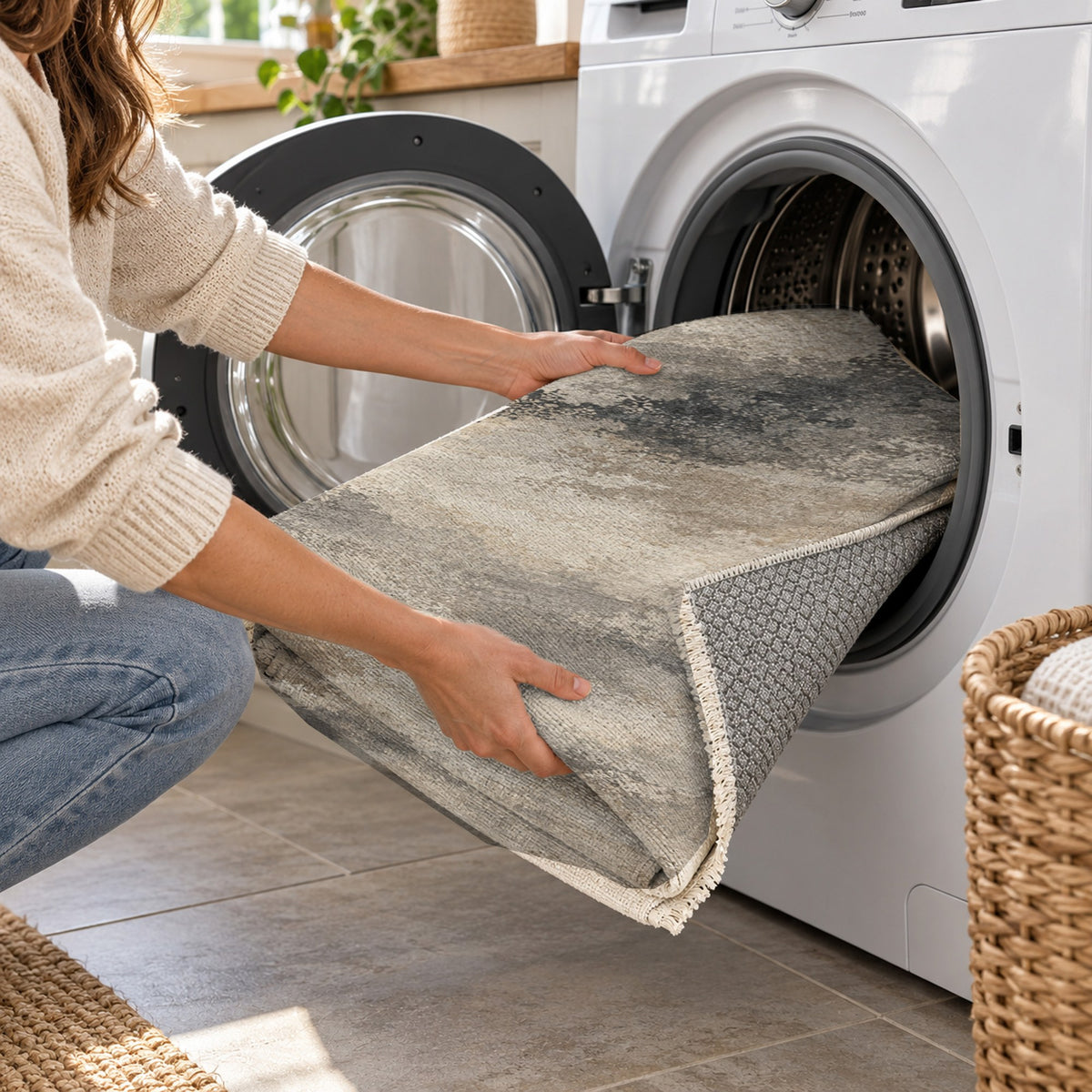 Cloud Atlas Ivory Taupe Abstract Washable Rug — washing machine