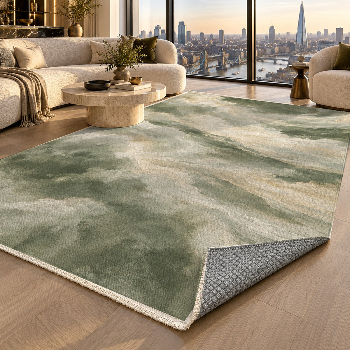 Cloud Atlas Sage Abstract Washable Rug — london luxury living
