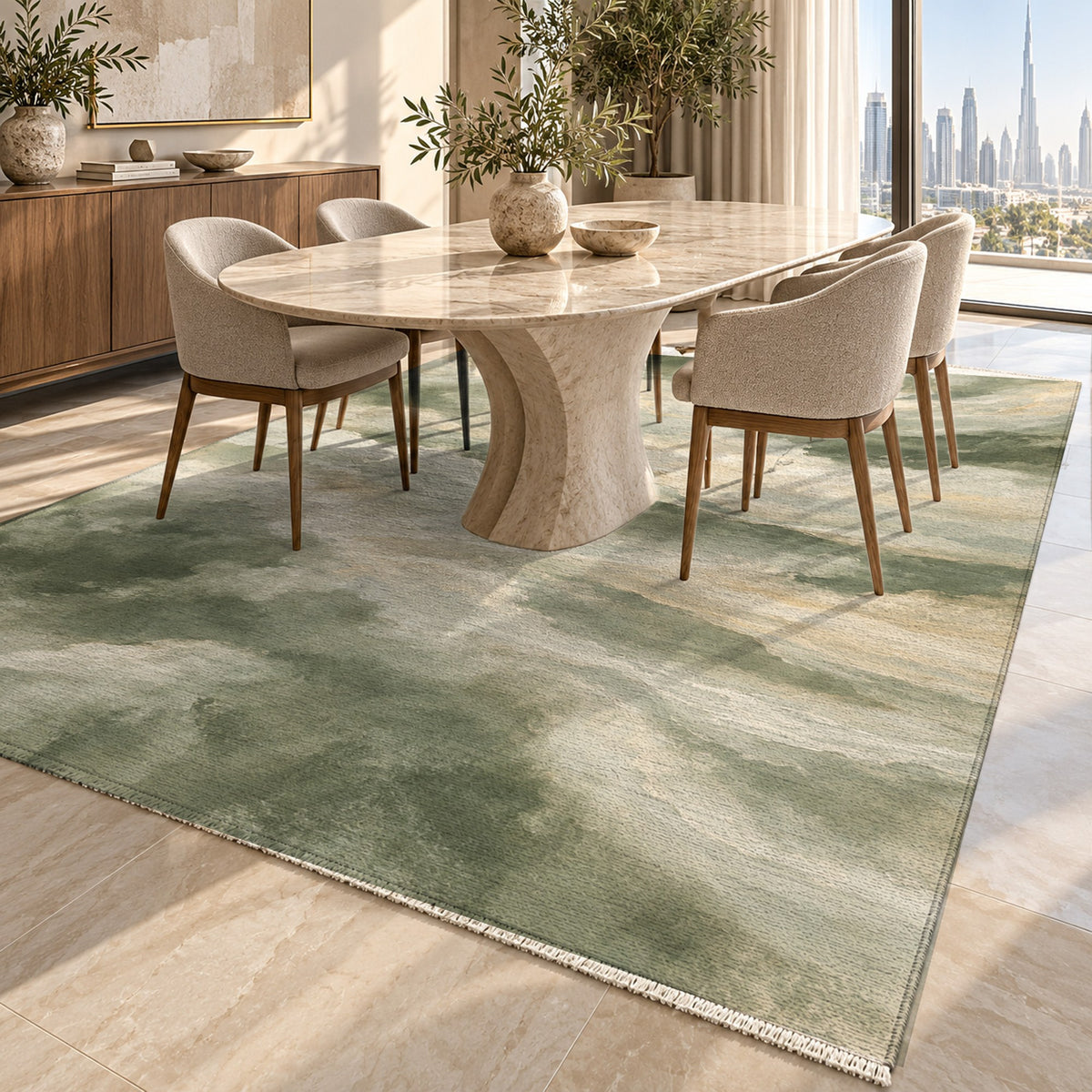 Cloud Atlas Sage Abstract Washable Rug — dubai dining