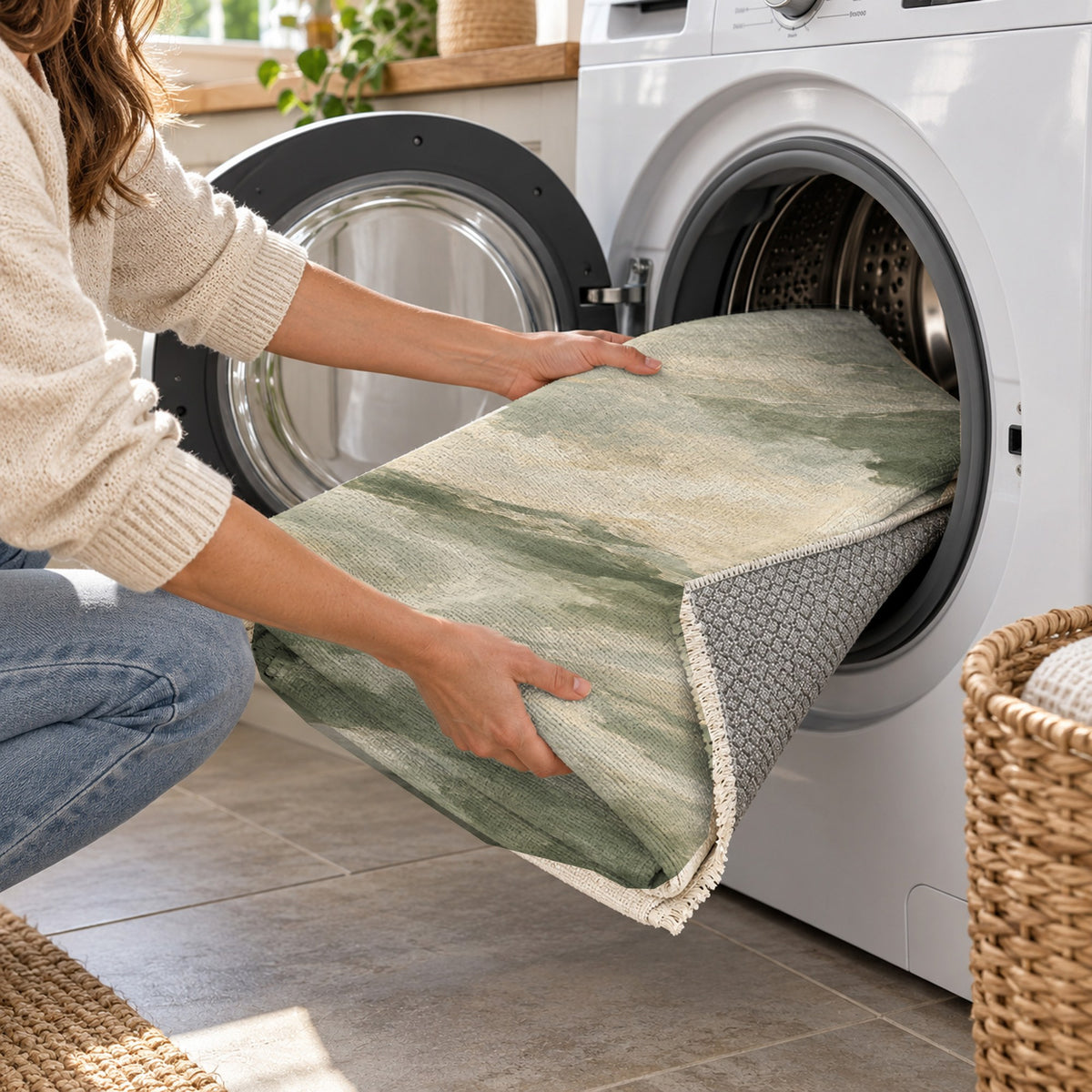 Cloud Atlas Sage Abstract Washable Rug — washing machine