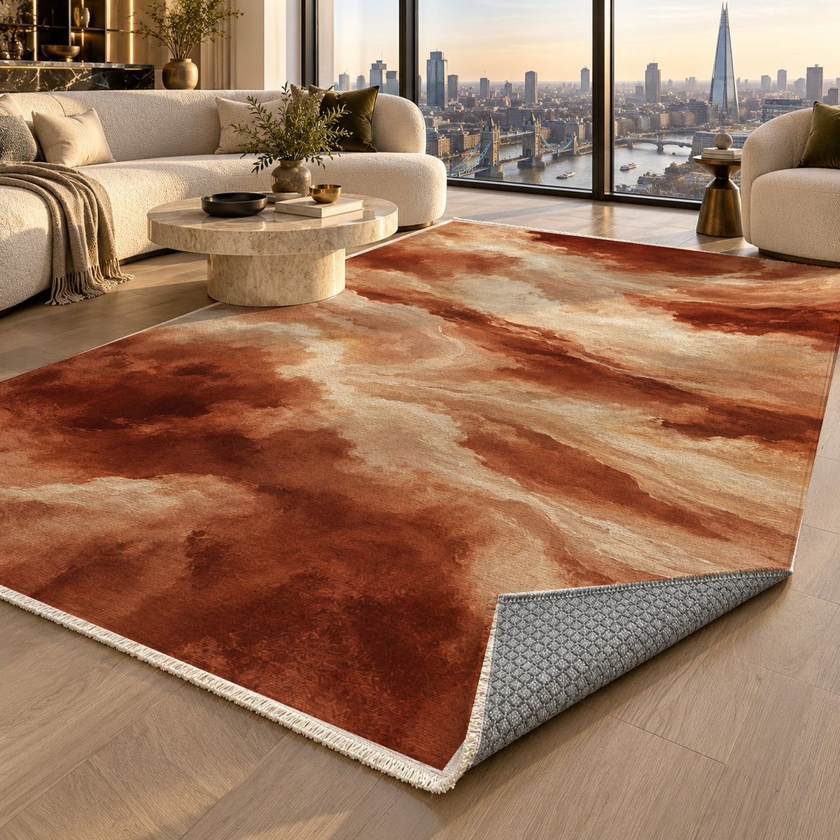 Cloud Atlas Terracotta Abstract Washable Rug — london luxury living