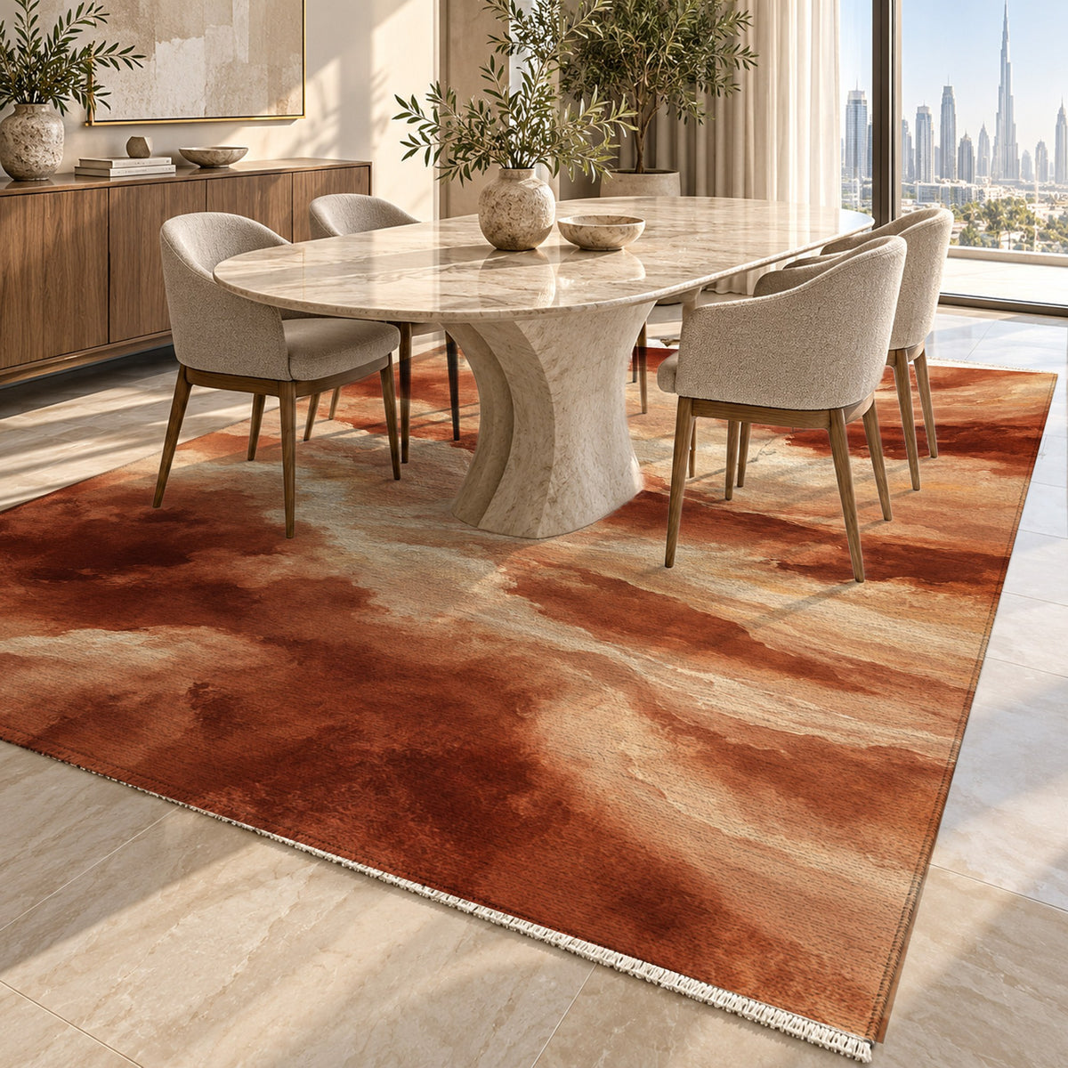 Cloud Atlas Terracotta Abstract Washable Rug — dubai dining