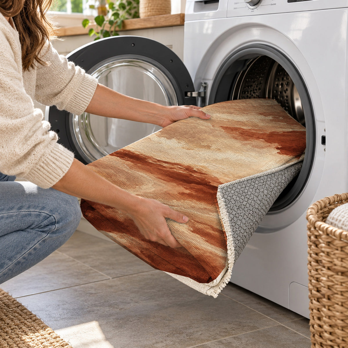 Cloud Atlas Terracotta Abstract Washable Rug — washing machine