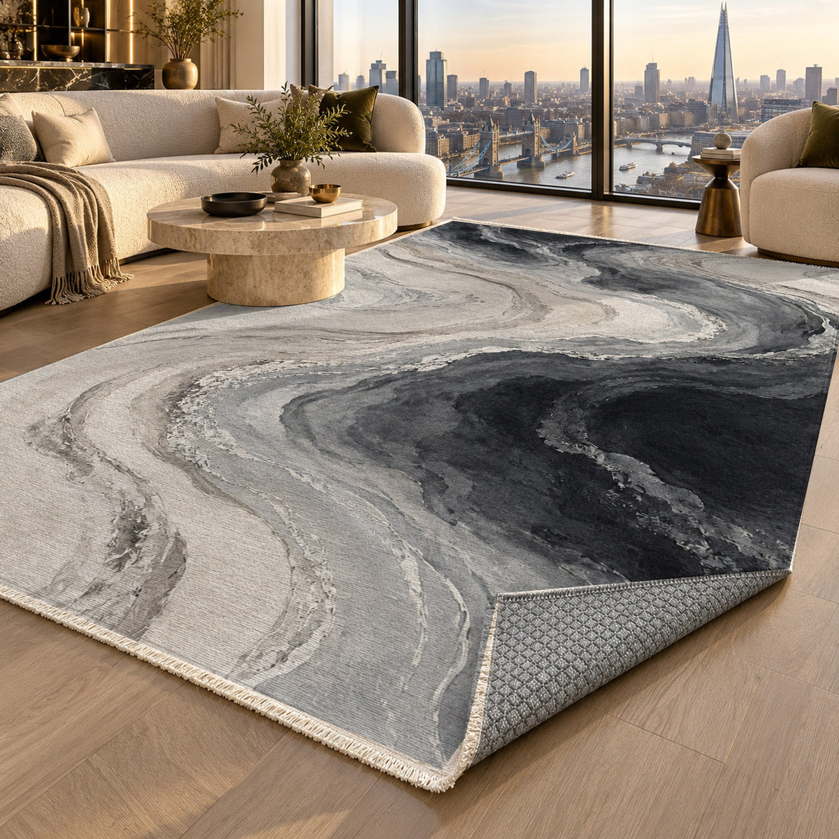 Coastal Contours Charcoal Abstract Washable Rug — london luxury living