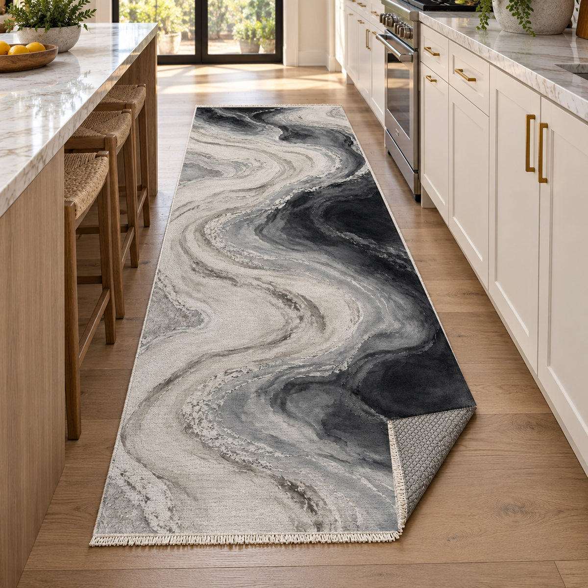 Coastal Contours Charcoal Abstract Washable Rug — new york kitchen runner